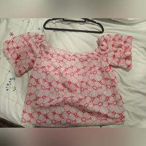 Lily Pulitzer off-the-shoulder neon pink & white top with tiered sleeves